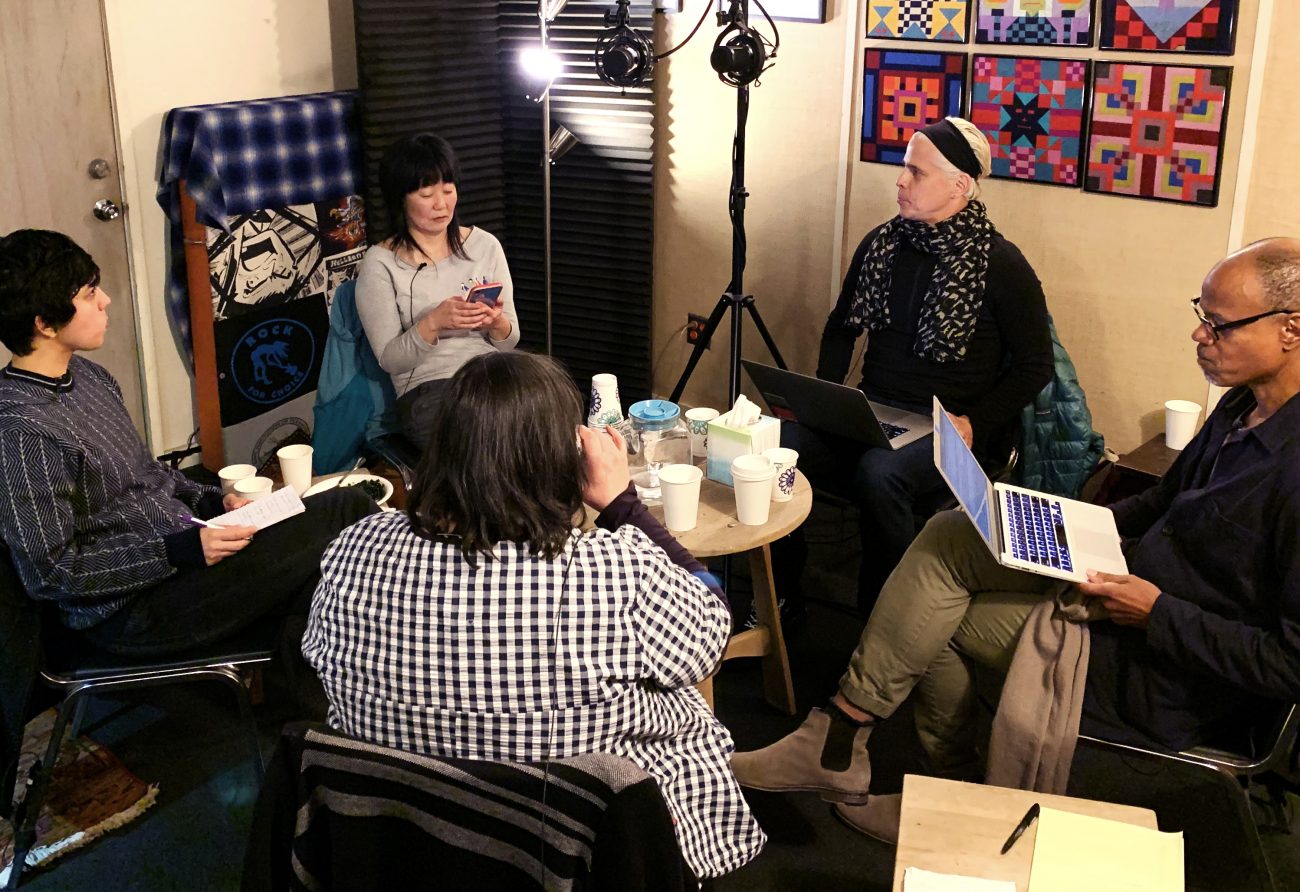 Jennifer Moon, Mario Ontiveros, Todd Gray, Nao Bustamante, and Gelare Khoshgozaran sitting in a circle recording a podcast